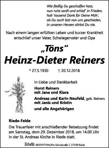 Traueranzeige von Heinz-Dieter Reiners von SYK