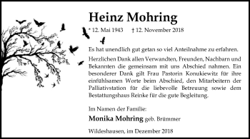 Traueranzeige von Heinz Mohring von SYK