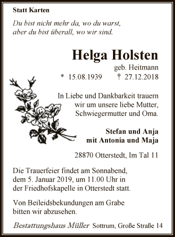 Traueranzeige von Helga Holsten von SYK