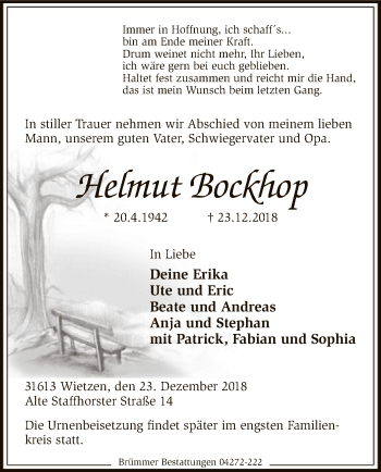 Traueranzeige von Helmut Bockhop von SYK