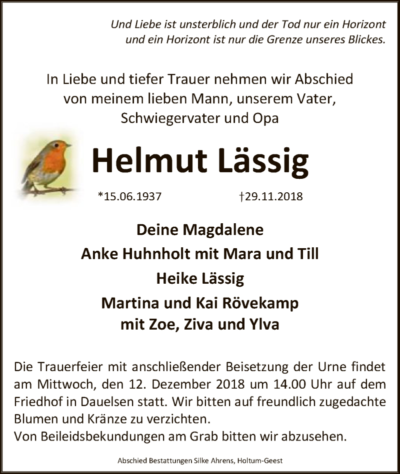  Traueranzeige für Helmut Lässig vom 08.12.2018 aus SYK