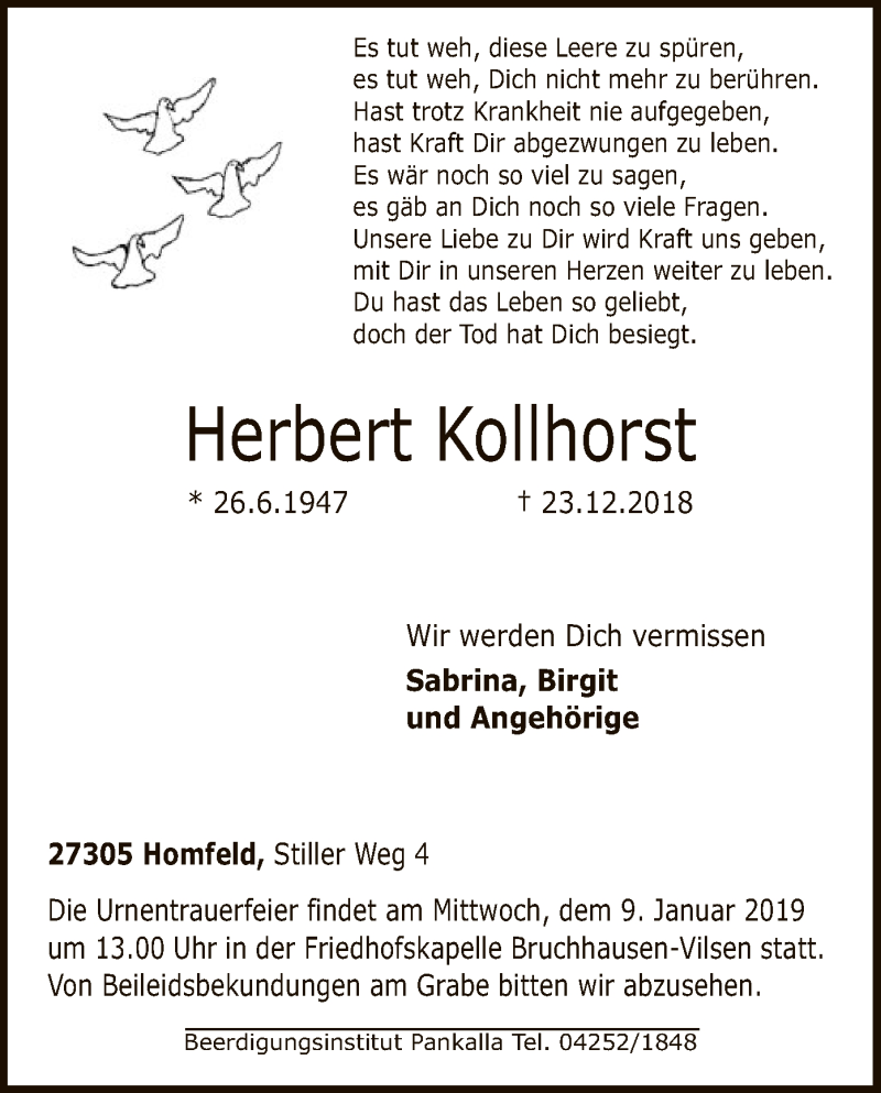  Traueranzeige für Herbert Kollhorst vom 29.12.2018 aus SYK