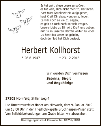 Traueranzeige von Herbert Kollhorst von SYK