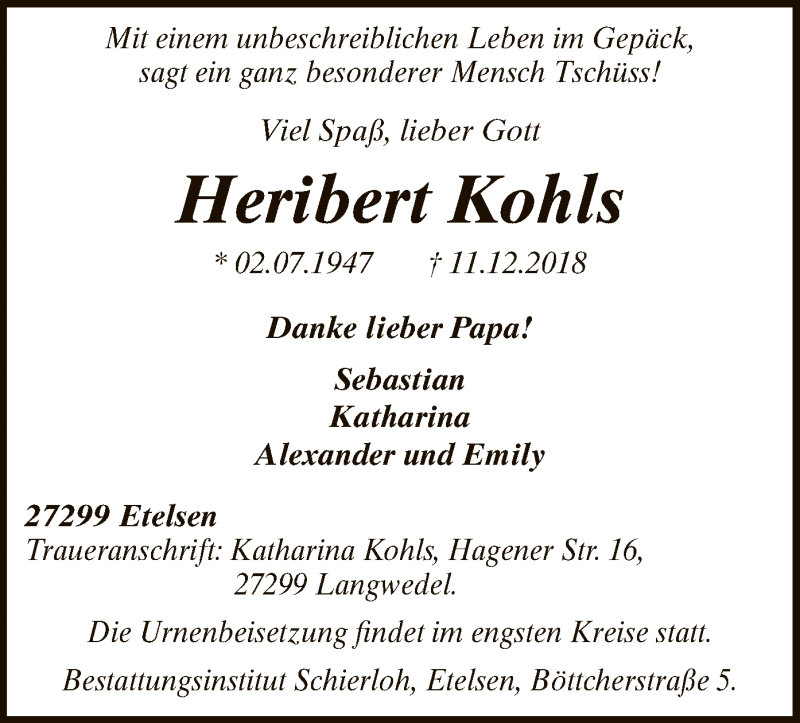  Traueranzeige für Heribert Kohls vom 18.12.2018 aus SYK