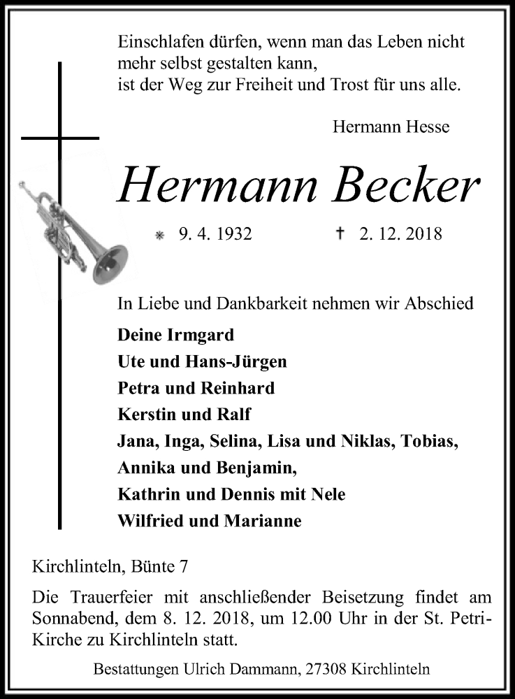  Traueranzeige für Hermann Becker vom 05.12.2018 aus SYK