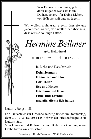 Traueranzeige von Hermine Bellmer von SYK