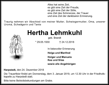 Traueranzeige von Hertha Lehmkuhl von SYK