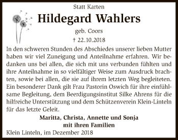 Traueranzeige von Hildegard Wahlers von SYK