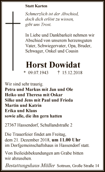 Traueranzeige von Horst Dowidat von SYK