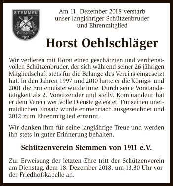 Traueranzeige von Horst Oehlschläger von SYK