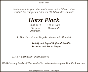 Traueranzeige von Horst Plack von SYK