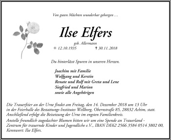 Traueranzeige von Ilse Elfers von SYK