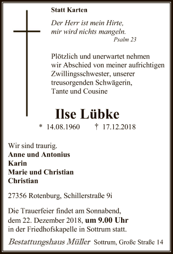 Traueranzeige von Ilse Lübke von SYK