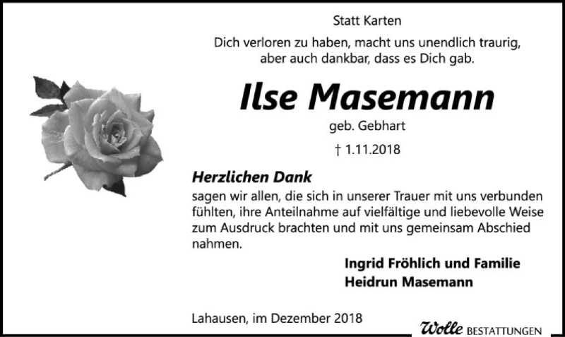  Traueranzeige für Ilse Masemann vom 15.12.2018 aus SYK