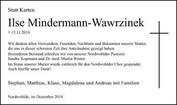 Traueranzeige von Ilse Mindermann-Wawrzinek von SYK