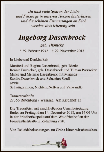 Traueranzeige von Ingeborg Dasenbrock von SYK
