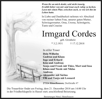 Traueranzeige von Irmgard Cordes von SYK