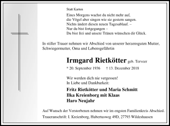 Traueranzeige von Irmgard Rietkötter von SYK