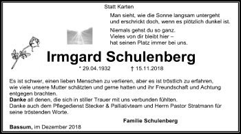 Traueranzeige von Irmgard Schulenberg von SYK