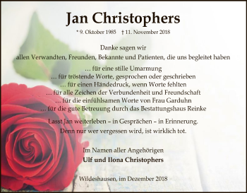 Traueranzeige von Jan Christophers von SYK
