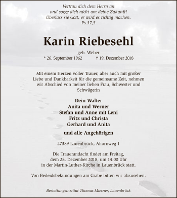 Traueranzeige von Karin Riebesehl von SYK