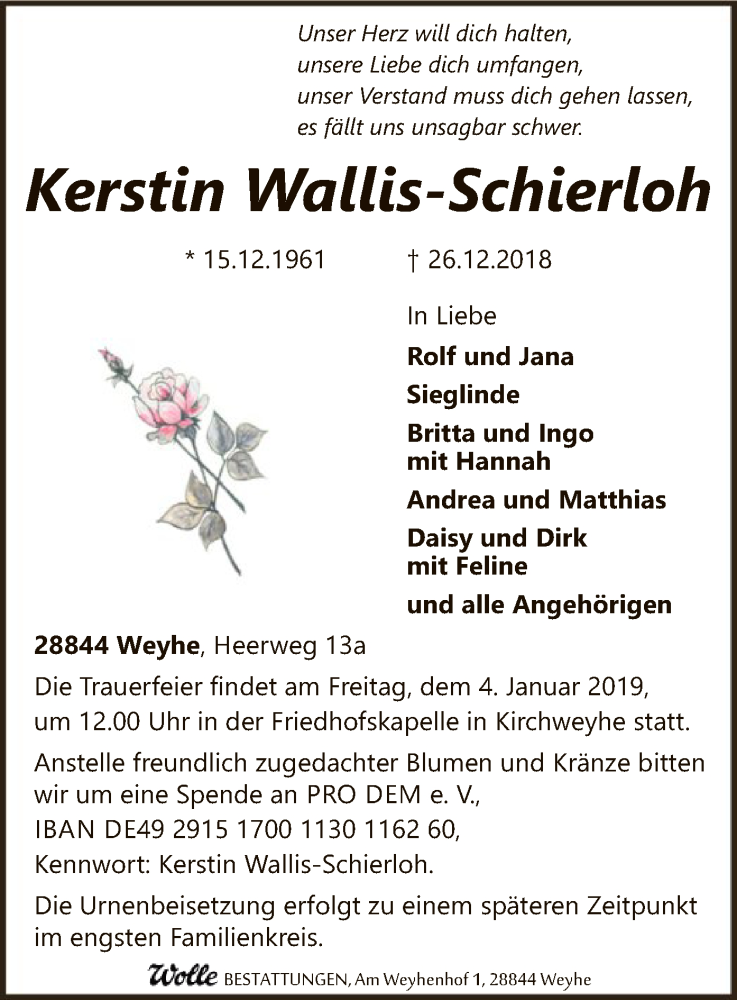 Traueranzeige für Kerstin Wallis-Schierloh vom 29.12.2018 aus SYK