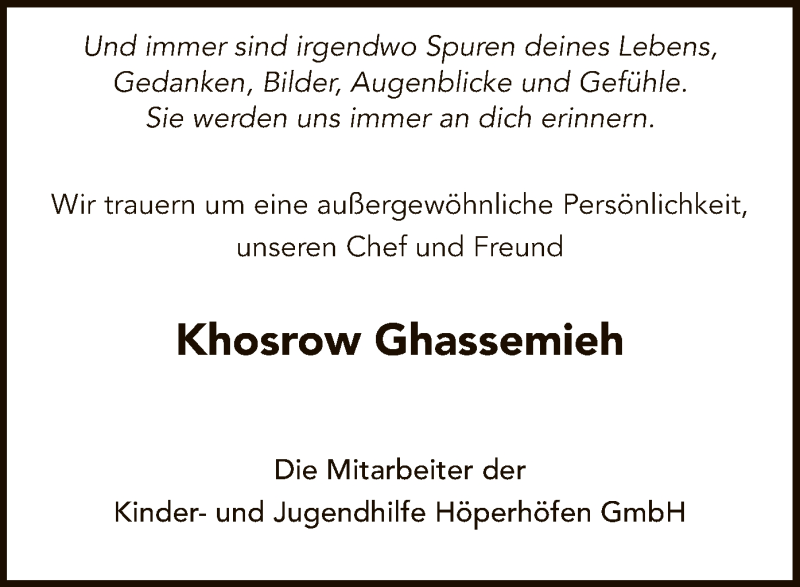  Traueranzeige für Khosrow Ghassemieh vom 29.12.2018 aus SYK