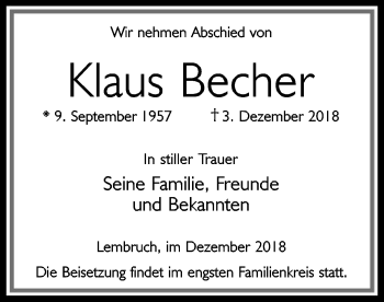 Traueranzeige von Klaus Becher von SYK