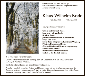 Traueranzeige von Klaus Wilhelm Rode von SYK