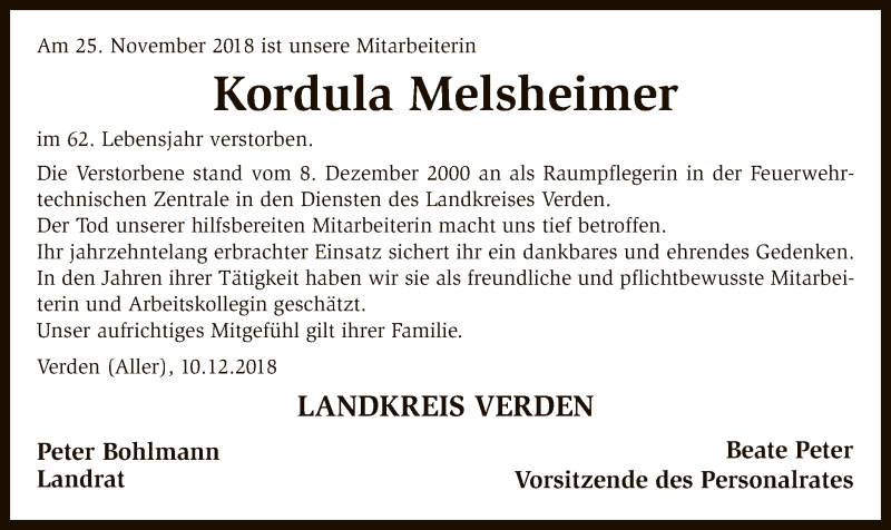  Traueranzeige für Kordula Melsheimer vom 10.12.2018 aus SYK