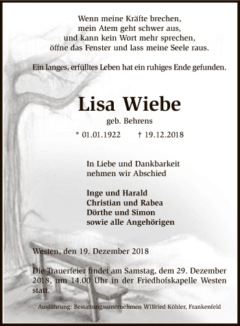 Traueranzeige von Lisa Wiebe von SYK