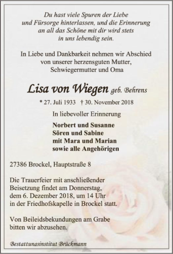 Traueranzeige von Lisa von Wiegen von SYK