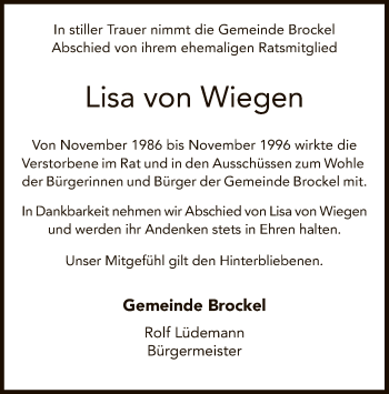 Traueranzeige von Lisa von Wiegen von SYK