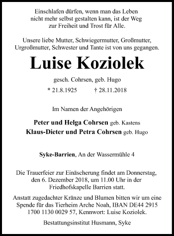 Traueranzeige von Luise Koziolek von SYK