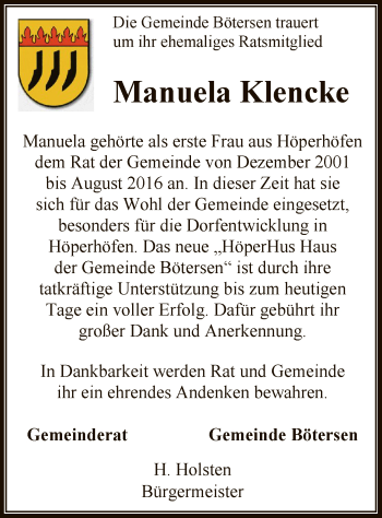 Traueranzeige von Manuela Klencke von SYK