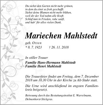 Traueranzeige von Mariechen Mahlstedt von SYK