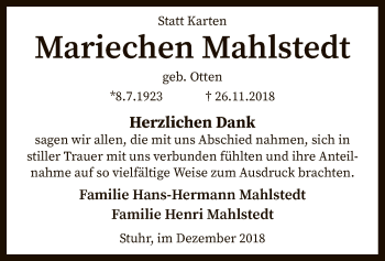 Traueranzeige von Mariechen Mahlstedt von SYK