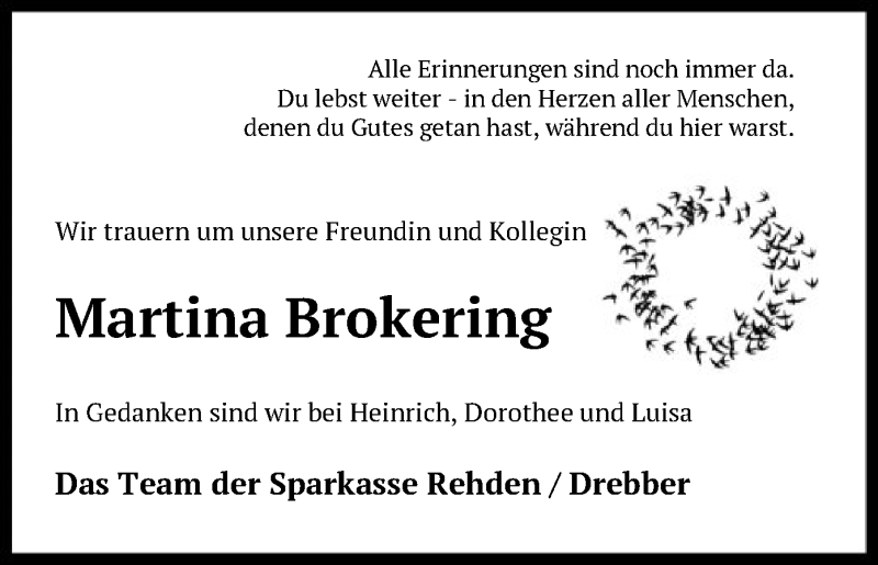  Traueranzeige für Martina Brokering vom 06.12.2018 aus SYK