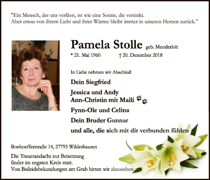  Traueranzeige für Pamela Stolle vom 24.12.2018 aus SYK