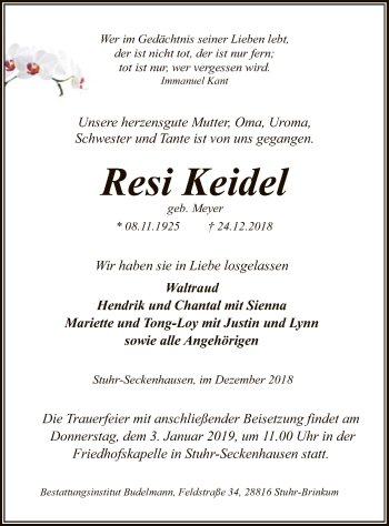 Traueranzeige von Resi Keidel von SYK