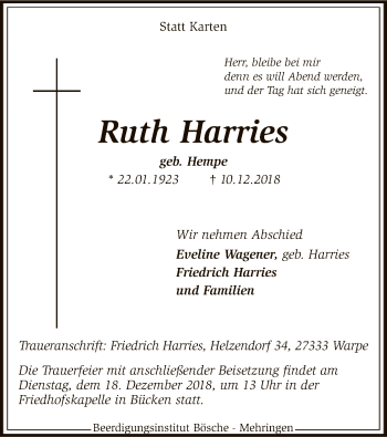 Traueranzeige von Ruth Harries von SYK