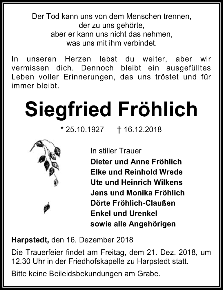  Traueranzeige für Siegfried Fröhlich vom 18.12.2018 aus SYK