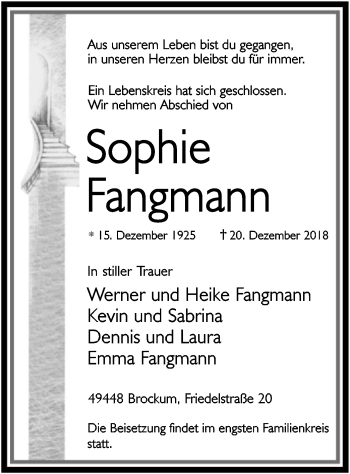 Traueranzeige von Sophie Fangmann von SYK