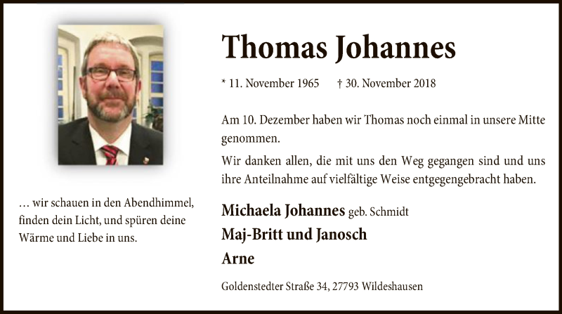  Traueranzeige für Thomas Johannes vom 29.12.2018 aus SYK
