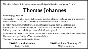 Traueranzeige von Thomas Johannes von SYK