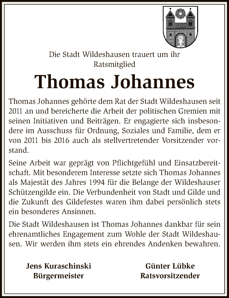  Traueranzeige für Thomas Johannes vom 04.12.2018 aus SYK