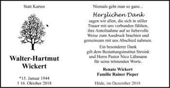 Traueranzeige von Walter-Hartmut Wickert von SYK