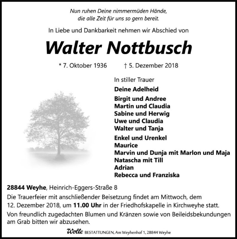  Traueranzeige für Walter Nottbusch vom 08.12.2018 aus SYK
