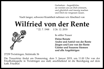 Traueranzeige von Wilfried von der Rente von SYK