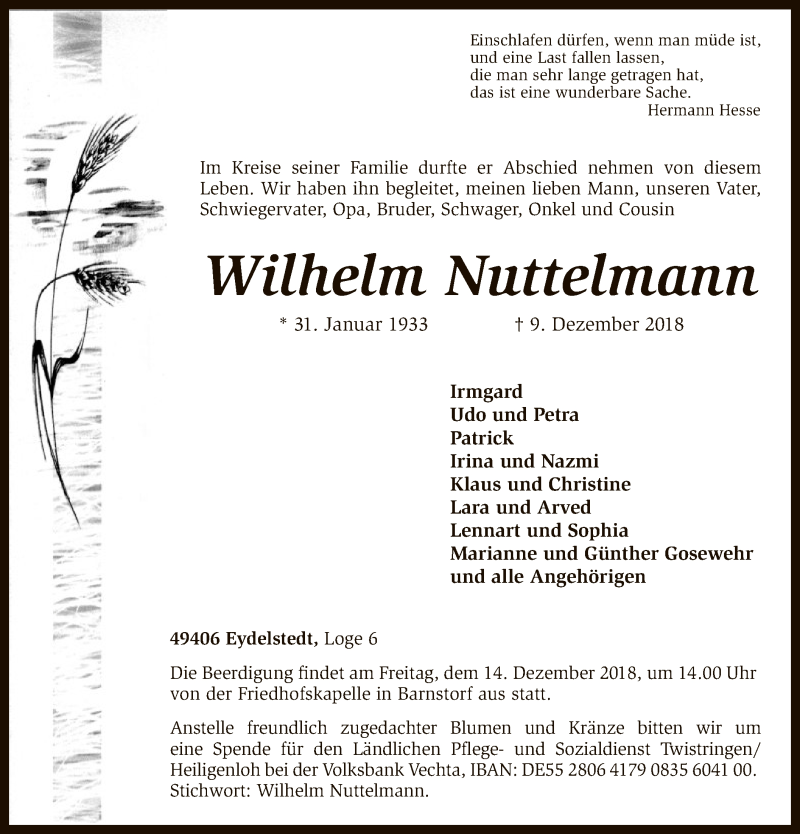  Traueranzeige für Wilhelm Nuttelmann vom 11.12.2018 aus SYK
